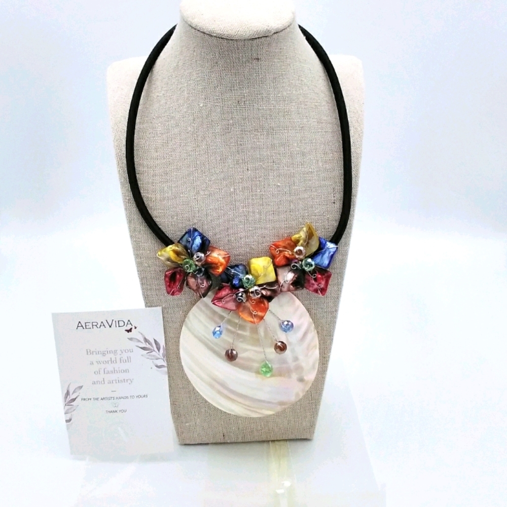 Multicolor Elite Mother Of Pearl Shell Medallion Satin Necklace